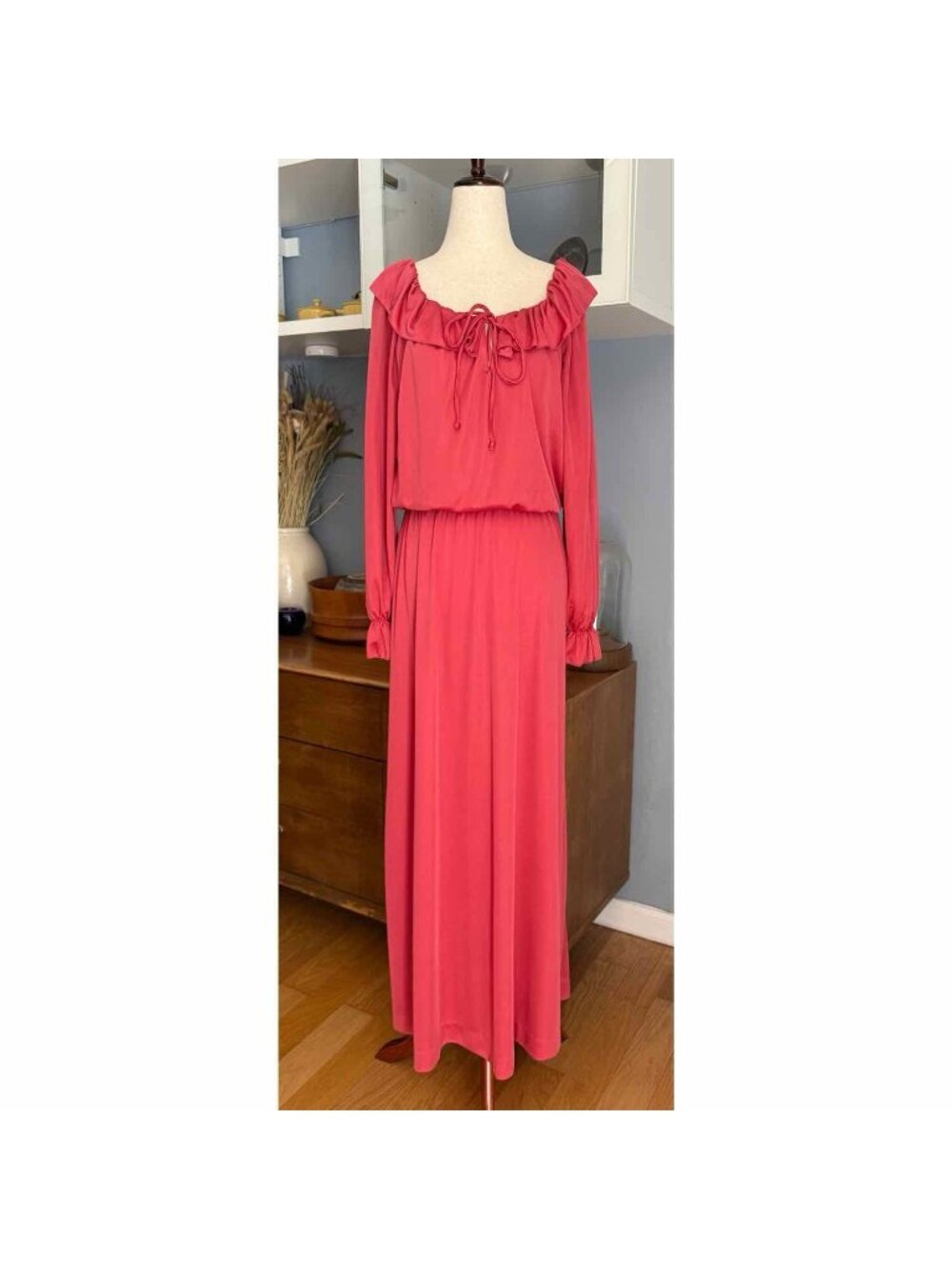 Vintage 70s Shawn Originals Ruffle Trim Cinch Waist Maxi Dress sz M Pink Retro